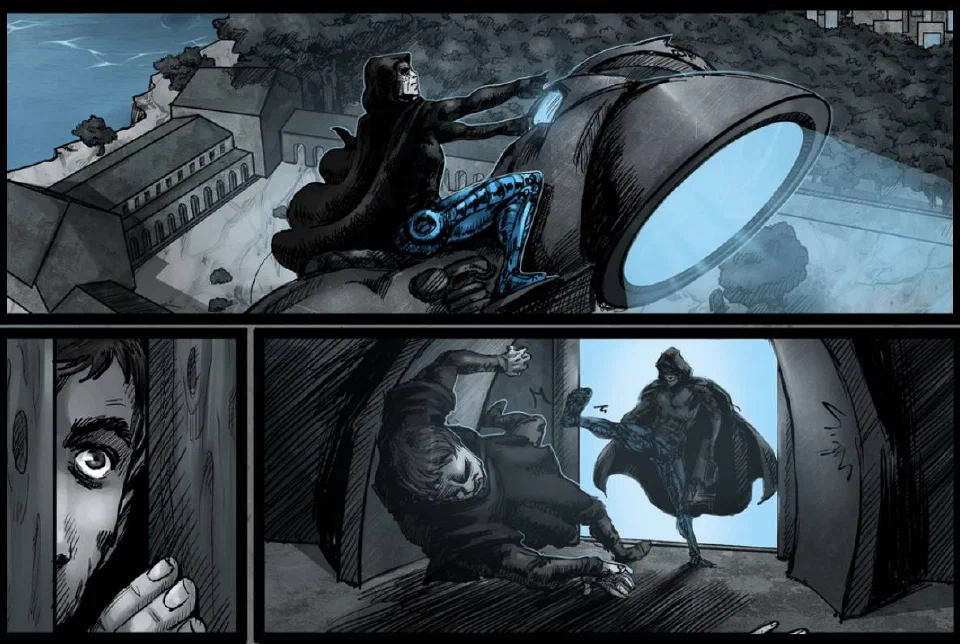 A three-panel comic page: a cloaked figure on a rooftop, then confronting a man in a doorway