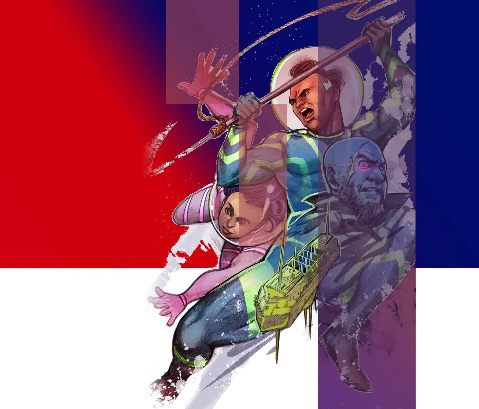 Arrowhead: a harpooner in a spacesuit helmet hurls a spear, his crew and their starship behind him