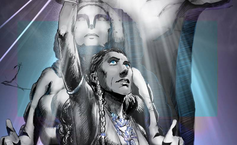 A comic panel: a woman with braided hair looks up, a colossal statue behind her
