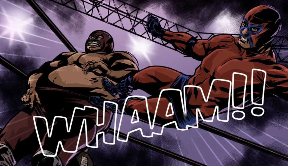 A comic panel: two masked luchadores mid-fight in the ring, with a huge WHAAM!! sound effect
