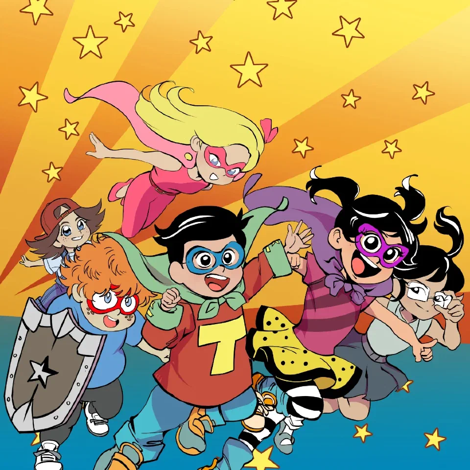 A comic cover: a team of young heroes in masks and capes charging forward against a starburst